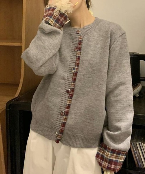 セール】チェック柄切替ニットカーディガン（カーディガン/ボレロ
