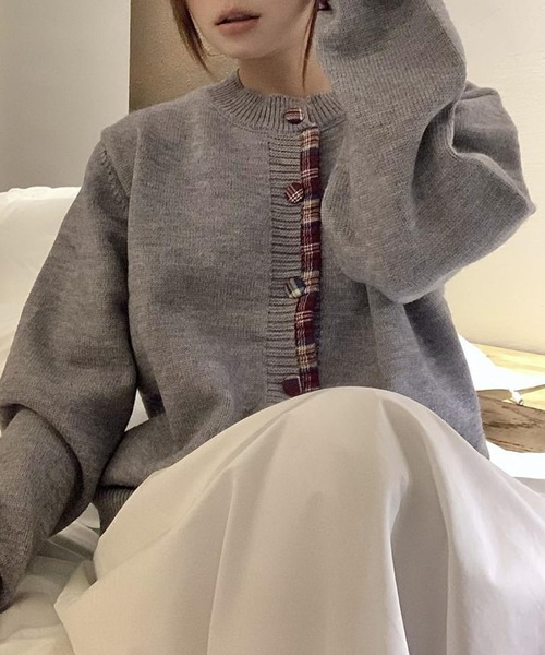セール】チェック柄切替ニットカーディガン（カーディガン/ボレロ