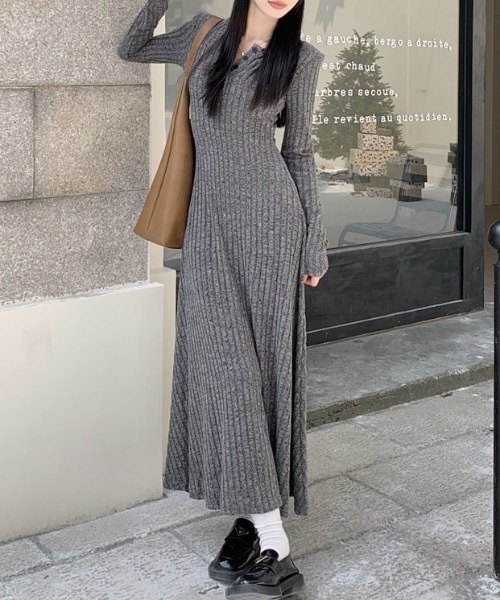 SHEPP（シープ）の「ヘンリーデザイン リブニットロングワンピース（ワンピース・レディース・ブラック/ベージュ/グレー・L/M）」の8枚目の写真