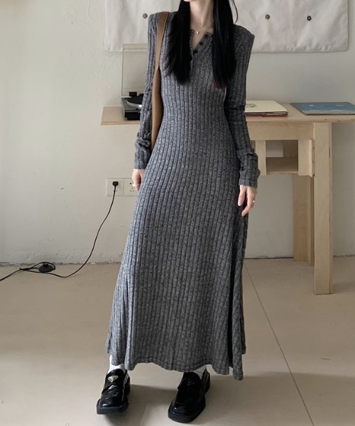 SHEPP（シープ）の「ヘンリーデザイン リブニットロングワンピース（ワンピース・レディース・ブラック/ベージュ/グレー・L/M）」の13枚目の写真