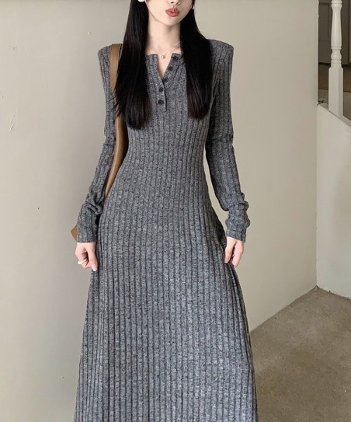 SHEPP（シープ）の「ヘンリーデザイン リブニットロングワンピース（ワンピース・レディース・ブラック/ベージュ/グレー・L/M）」の14枚目の写真