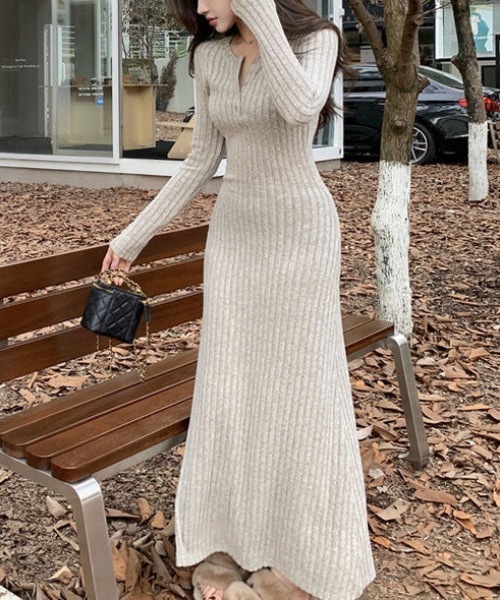 SHEPP（シープ）の「ヘンリーデザイン リブニットロングワンピース（ワンピース・レディース・ブラック/ベージュ/グレー・L/M）」の18枚目の写真