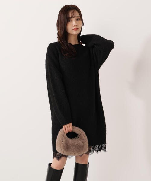 E＞レースレイヤード風ニットミニワンピース / 1215247103