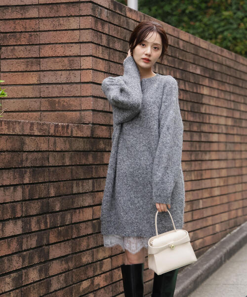 E＞レースレイヤード風ニットミニワンピース / 1215247103