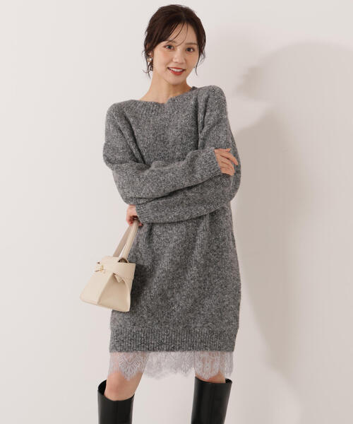 E＞レースレイヤード風ニットミニワンピース / 1215247103