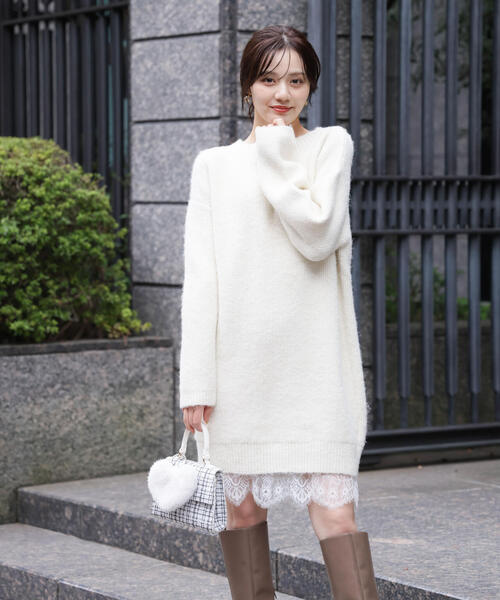 E＞レースレイヤード風ニットミニワンピース / 1215247103