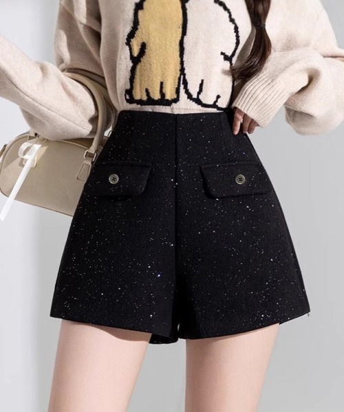 Miniministore(ミニミニストア)の「ラメ付きショートパンツ 秋冬 ツイード風(スラックス・レディース・ブラック/ダークグレー・L/S/M)」の1枚目の写真