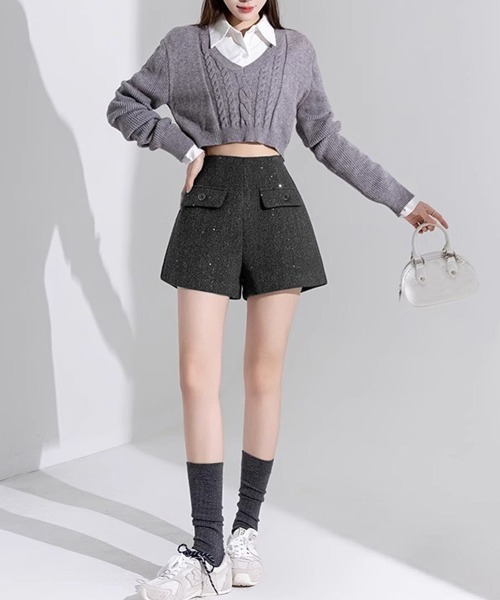Miniministore(ミニミニストア)の「ラメ付きショートパンツ 秋冬 ツイード風(スラックス・レディース・ブラック/ダークグレー・L/S/M)」の6枚目の写真