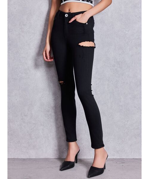 GYDA（ジェイダ）の「ミドルウエストSIDE RIPPEDカラースキニーパンツ（デニムパンツ・レディース・ブラック・SMALL/X-SMALL/MEDIUM）」の6枚目の写真