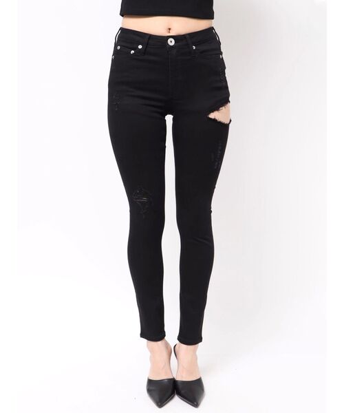GYDA(ジェイダ)の「ミドルウエストSIDE RIPPEDカラースキニーパンツ(デニムパンツ・レディース・ブラック・SMALL/X-SMALL/MEDIUM)」の9枚目の写真
