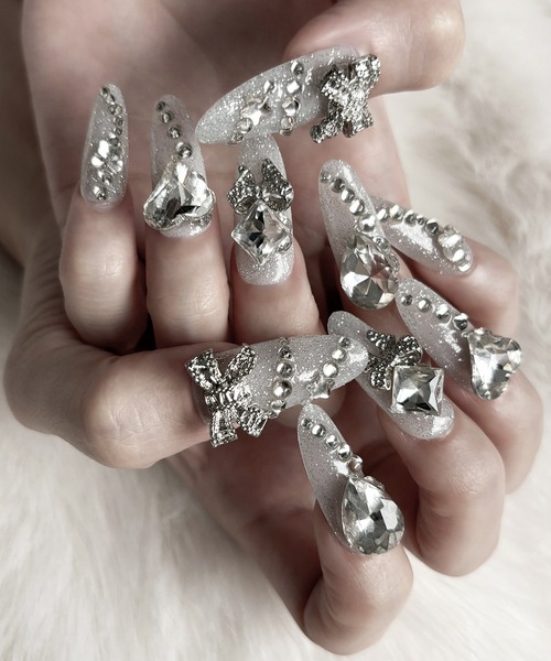 me+em select(�~�[���Z���N�g)�̃r�W���[���{���O���b�^�[�t���b�V���l�C���`�b�v �^ bijou ribbon glitter flash nail tips(�l�C���V�[��/�l�C���`�b�v)