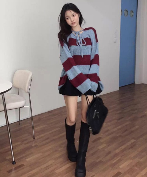 .KOM（ドットコム）の「A'GEM/9 × .kom 『.KOM/ドットケーオーエム』 Border Knit Top/【Y2K】2WAYボーダーニットトップ（ニット/セーター・レディース・ブラック/レッド・FREE）」の11枚目の写真