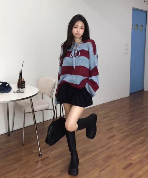.KOM（ドットコム）の「A'GEM/9 × .kom 『.KOM/ドットケーオーエム』 Border Knit Top/【Y2K】2WAYボーダーニットトップ（ニット/セーター・レディース・ブラック/レッド・FREE）」の12枚目の写真