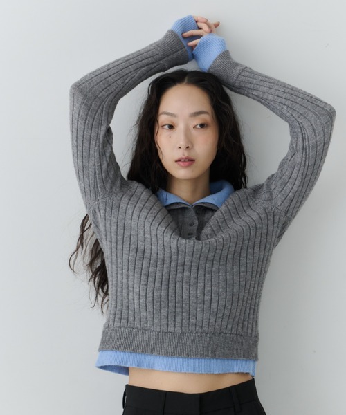 NUJOH（ヌゾ）の「Two-Tone Collar Rib Knit / ツートーンカラ―リブニット（Tシャツ/カットソー・レディース・ネイビー/ライトベージュ/グレー・FREE）」の2枚目の写真