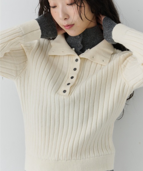 NUJOH（ヌゾ）の「Two-Tone Collar Rib Knit / ツートーンカラ―リブニット（Tシャツ/カットソー・レディース・ネイビー/ライトベージュ/グレー・FREE）」の3枚目の写真