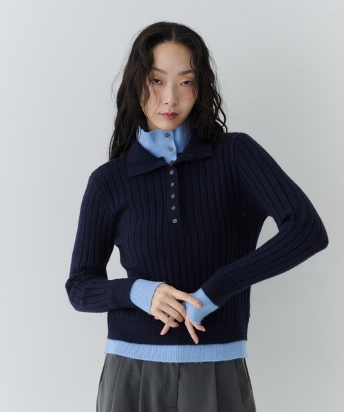 NUJOH（ヌゾ）の「Two-Tone Collar Rib Knit / ツートーンカラ―リブニット（Tシャツ/カットソー・レディース・ネイビー/ライトベージュ/グレー・FREE）」の4枚目の写真