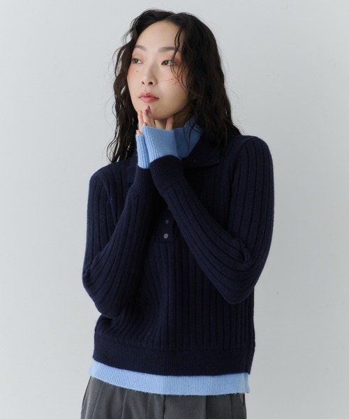 NUJOH（ヌゾ）の「Two-Tone Collar Rib Knit / ツートーンカラ―リブニット（Tシャツ/カットソー・レディース・ネイビー/ライトベージュ/グレー・FREE）」の6枚目の写真
