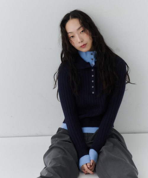 NUJOH（ヌゾ）の「Two-Tone Collar Rib Knit / ツートーンカラ―リブニット（Tシャツ/カットソー・レディース・ネイビー/ライトベージュ/グレー・FREE）」の7枚目の写真