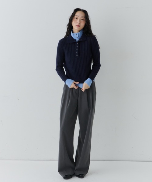 NUJOH（ヌゾ）の「Two-Tone Collar Rib Knit / ツートーンカラ―リブニット（Tシャツ/カットソー・レディース・ネイビー/ライトベージュ/グレー・FREE）」の16枚目の写真