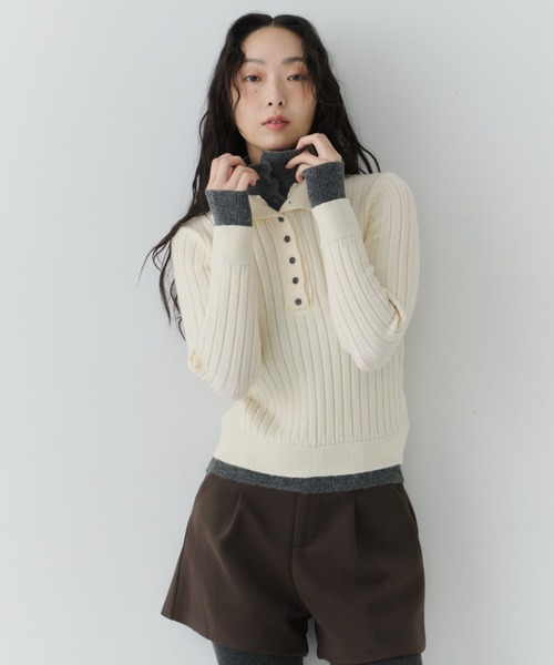 NUJOH（ヌゾ）の「Two-Tone Collar Rib Knit / ツートーンカラ―リブニット（Tシャツ/カットソー・レディース・ネイビー/ライトベージュ/グレー・FREE）」の22枚目の写真