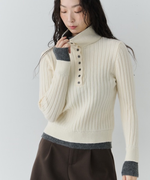 NUJOH（ヌゾ）の「Two-Tone Collar Rib Knit / ツートーンカラ―リブニット（Tシャツ/カットソー・レディース・ネイビー/ライトベージュ/グレー・FREE）」の19枚目の写真