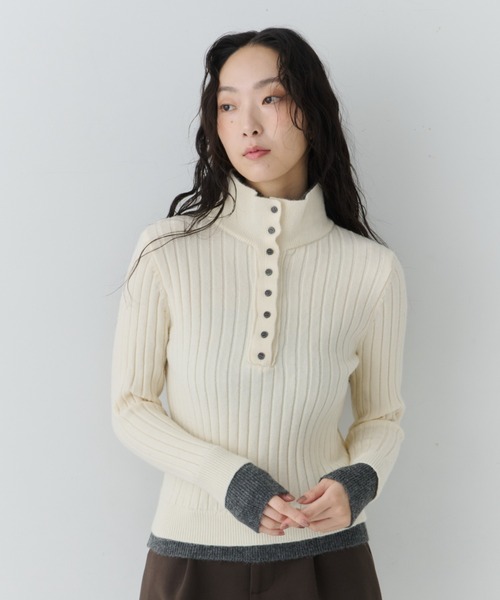 NUJOH（ヌゾ）の「Two-Tone Collar Rib Knit / ツートーンカラ―リブニット（Tシャツ/カットソー・レディース・ネイビー/ライトベージュ/グレー・FREE）」の20枚目の写真
