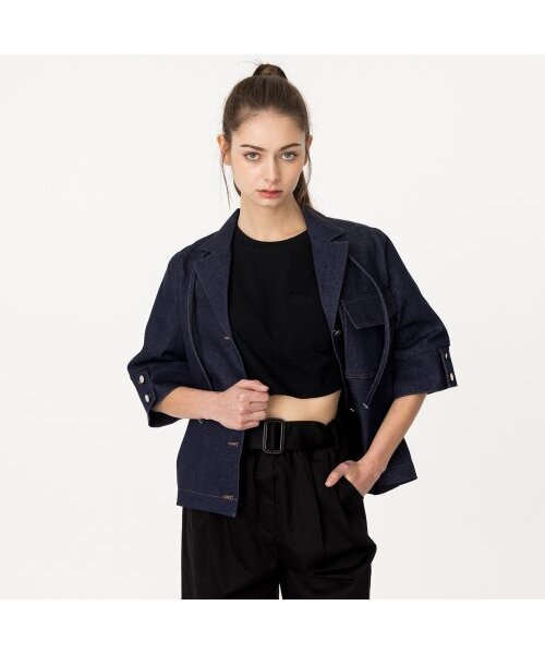 オープンカラー半袖ストリングデニムジャケット中青