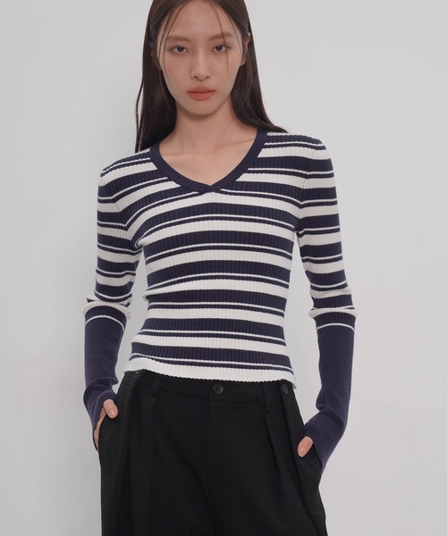 EIGHTHMONTH(エイスマンス)の「Vネックボーダーリブニット EM25a148【EIGHTHMONTH】(Tシャツ/カットソー・レディース・ネイビー・M/S)」の1枚目の写真