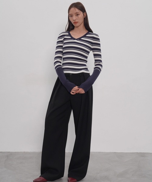 EIGHTHMONTH(エイスマンス)の「Vネックボーダーリブニット EM25a148【EIGHTHMONTH】(Tシャツ/カットソー・レディース・ネイビー・M/S)」の5枚目の写真