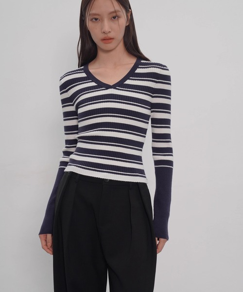 EIGHTHMONTH(エイスマンス)の「Vネックボーダーリブニット EM25a148【EIGHTHMONTH】(Tシャツ/カットソー・レディース・ネイビー・M/S)」の10枚目の写真