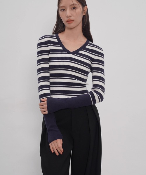 EIGHTHMONTH(エイスマンス)の「Vネックボーダーリブニット EM25a148【EIGHTHMONTH】(Tシャツ/カットソー・レディース・ネイビー・M/S)」の11枚目の写真