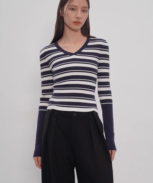 EIGHTHMONTH(エイスマンス)の「Vネックボーダーリブニット EM25a148【EIGHTHMONTH】(Tシャツ/カットソー・レディース・ネイビー・M/S)」の12枚目の写真