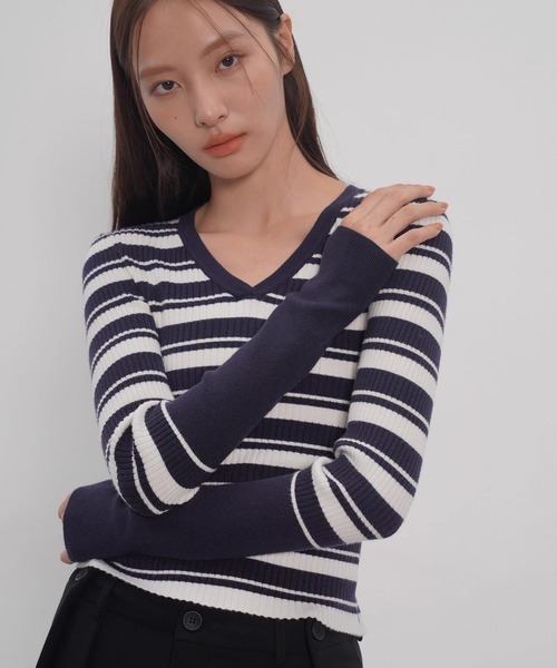 EIGHTHMONTH(エイスマンス)の「Vネックボーダーリブニット EM25a148【EIGHTHMONTH】(Tシャツ/カットソー・レディース・ネイビー・M/S)」の13枚目の写真