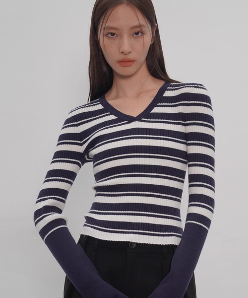 EIGHTHMONTH(エイスマンス)の「Vネックボーダーリブニット EM25a148【EIGHTHMONTH】(Tシャツ/カットソー・レディース・ネイビー・M/S)」の19枚目の写真