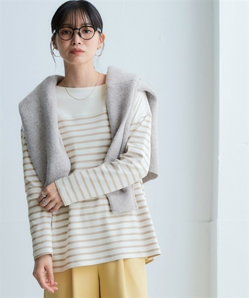 nissen(ニッセン)の「綿100%スムースパネル風ボーダーカットソートップス<大きいサイズ有>(Tシャツ/カットソー・レディース・ライトグレー系/ホワイト×ピンク/ホワイト×グリーン/ホワイト×ネイビー/ホワイト系その他・S/M/L/LL/3L)」の3枚目の写真