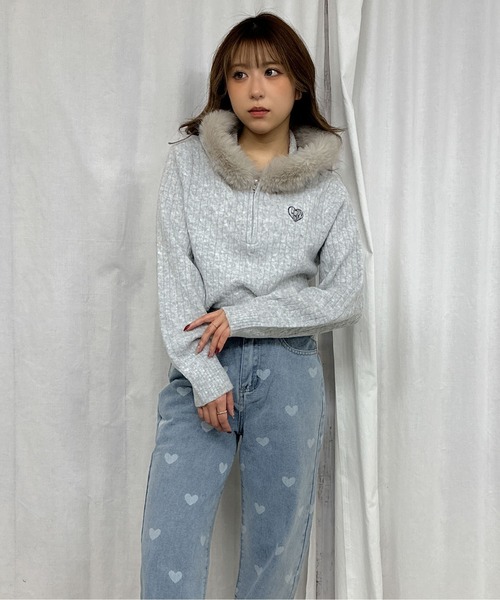 セール】《ケーブル編み×ファーフード》ハーフZIPニットプルオーバー