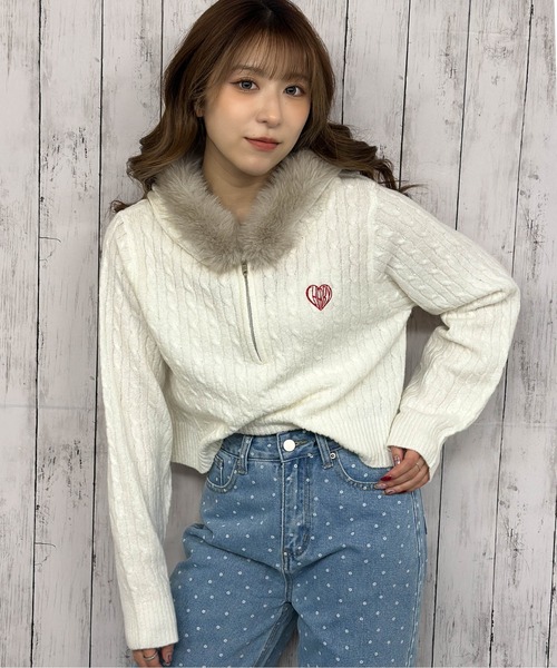 GORGE(ゴージ)の「《ケーブル編み×ファーフード》ハーフZIPニットプルオーバー/秋冬(ニット/セーター・レディース・ネイビー/グレー/アイボリー・F)」の9枚目の写真