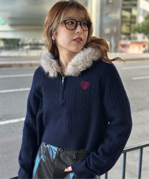 セール】《ケーブル編み×ファーフード》ハーフZIPニットプルオーバー