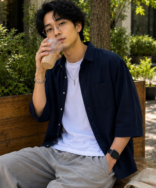 ZIP FIVE（ジップファイブ）の「パナマ レギュラーカラー7分袖シャツ（シャツ/ブラウス・メンズ・ネイビー系/ブルー/ホワイト系/ブラック/ホワイト/ピンク/ネイビー系1/ミント/ベージュ・MEDIUM/LARGE/X-LARGE）」の7枚目の写真
