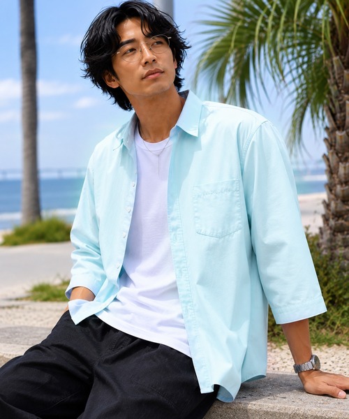 ZIP FIVE（ジップファイブ）の「パナマ レギュラーカラー7分袖シャツ（シャツ/ブラウス・メンズ・ネイビー系/ブルー/ホワイト系/ブラック/ホワイト/ピンク/ネイビー系1/ミント/ベージュ・MEDIUM/LARGE/X-LARGE）」の5枚目の写真