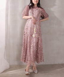 Kana | 刺繍レース ウェーブデザイン チュールバルーンスリーブ Aラインワンピースドレス パーティー 結婚式 お呼ばれ オケージョン(ドレス)