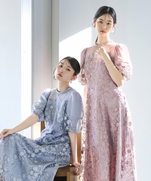 Kana | 刺繍レース ウェーブデザイン チュールバルーンスリーブ Aラインワンピースドレス パーティー 結婚式 お呼ばれ オケージョン(ドレス)