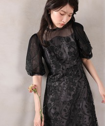 Kana | 刺繍レース ウェーブデザイン チュールバルーンスリーブ Aラインワンピースドレス パーティー 結婚式 お呼ばれ オケージョン(ドレス)