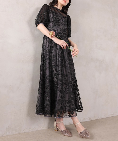 Kana（カナ）の「刺繍レース ウェーブデザイン チュールバルーンスリーブ Aラインワンピースドレス パーティー 結婚式 お呼ばれ オケージョン（ドレス・レディース・ピンク/ライトグレー/ブラック・M）」の5枚目の写真