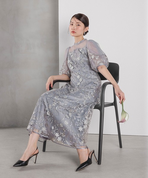 Kana（カナ）の「刺繍レース ウェーブデザイン チュールバルーンスリーブ Aラインワンピースドレス パーティー 結婚式 お呼ばれ オケージョン（ドレス・レディース・ピンク/ライトグレー/ブラック・M）」の16枚目の写真