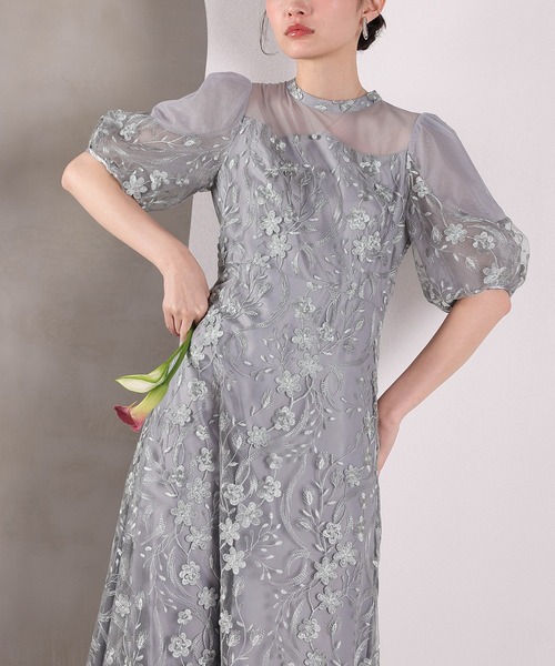 Kana（カナ）の「刺繍レース ウェーブデザイン チュールバルーンスリーブ Aラインワンピースドレス パーティー 結婚式 お呼ばれ オケージョン（ドレス・レディース・ピンク/ライトグレー/ブラック・M）」の17枚目の写真