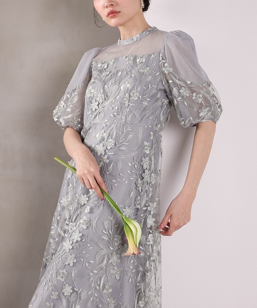 Kana（カナ）の「刺繍レース ウェーブデザイン チュールバルーンスリーブ Aラインワンピースドレス パーティー 結婚式 お呼ばれ オケージョン（ドレス・レディース・ピンク/ライトグレー/ブラック・M）」の20枚目の写真