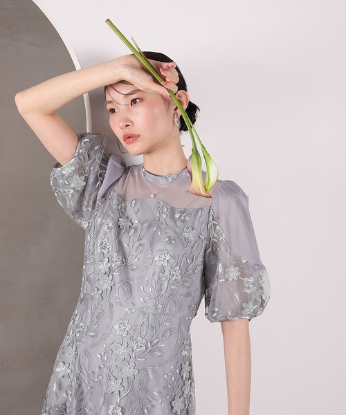 Kana（カナ）の「刺繍レース ウェーブデザイン チュールバルーンスリーブ Aラインワンピースドレス パーティー 結婚式 お呼ばれ オケージョン（ドレス・レディース・ピンク/ライトグレー/ブラック・M）」の22枚目の写真