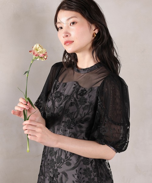 Kana（カナ）の「刺繍レース ウェーブデザイン チュールバルーンスリーブ Aラインワンピースドレス パーティー 結婚式 お呼ばれ オケージョン（ドレス・レディース・ピンク/ライトグレー/ブラック・M）」の7枚目の写真