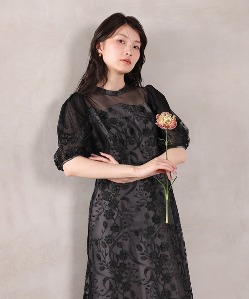 Kana（カナ）の「刺繍レース ウェーブデザイン チュールバルーンスリーブ Aラインワンピースドレス パーティー 結婚式 お呼ばれ オケージョン（ドレス・レディース・ピンク/ライトグレー/ブラック・M）」の9枚目の写真